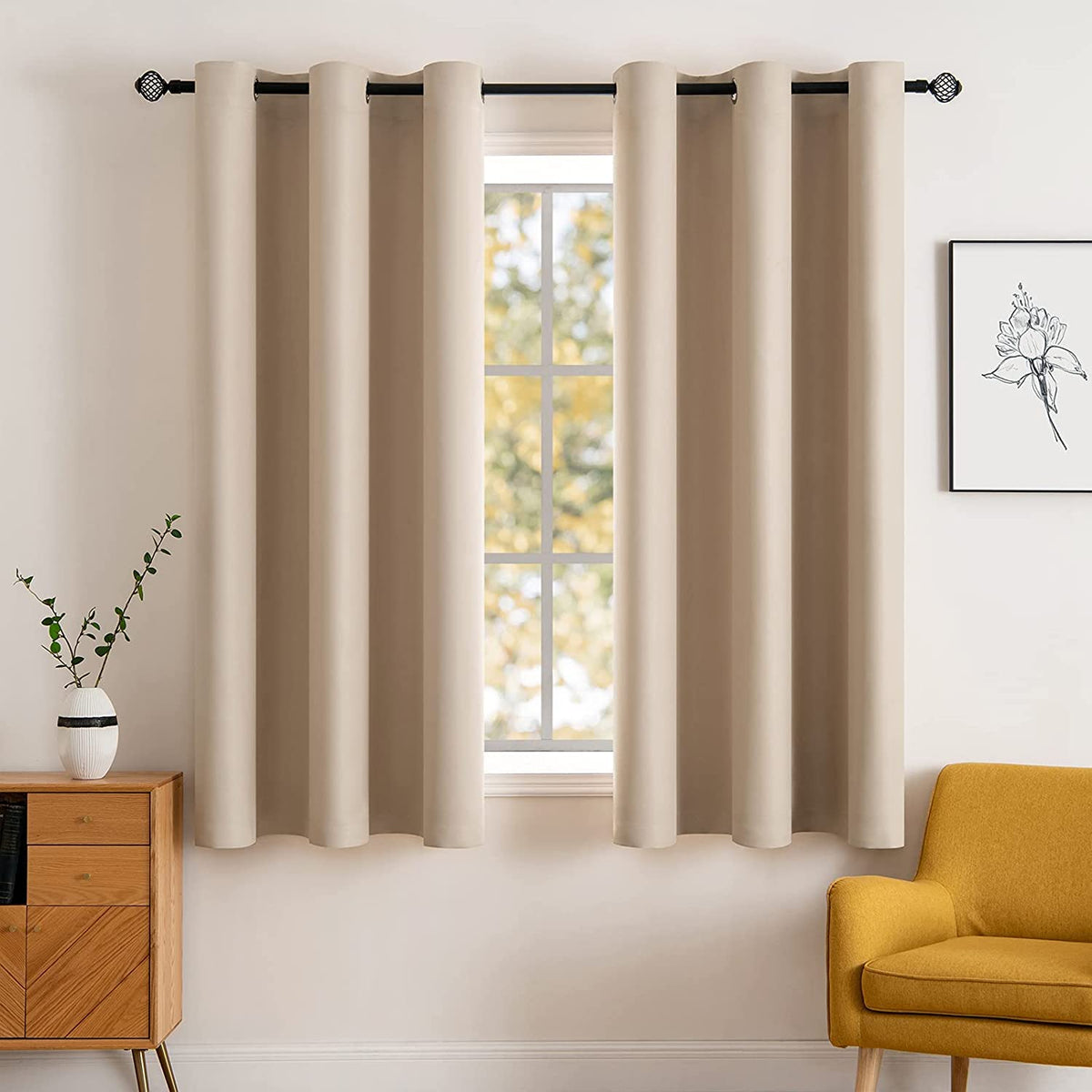 MIULEE Beige Blackout Bedroom Curtains 63 Inch Long Light Blocking