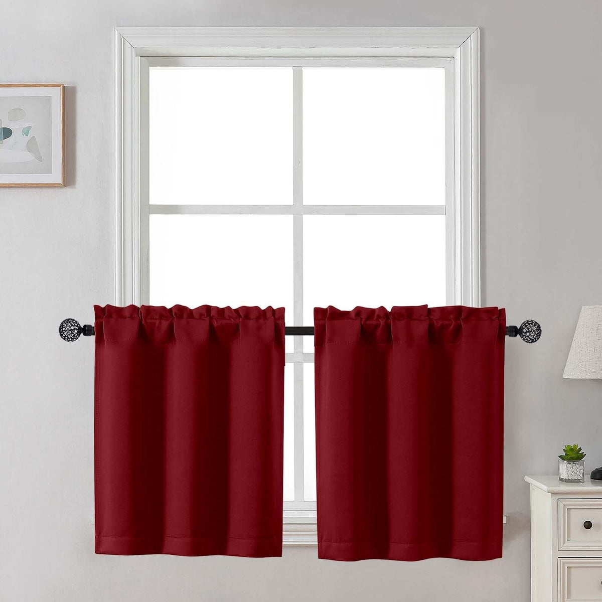 Gwine 24 Inch Long Tier Curtains for Small Window, Short Blackout Kitchen Curtains Over Sink, Half Window Drapes for Bedroom Bathroom Basement, 2 PCS, Each 30" Wx24 L, Black