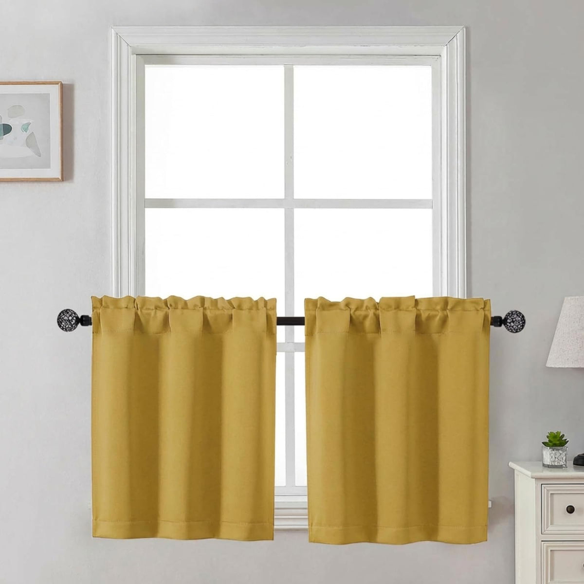 Gwine 24 Inch Long Tier Curtains for Small Window, Short Blackout Kitchen Curtains Over Sink, Half Window Drapes for Bedroom Bathroom Basement, 2 PCS, Each 30" Wx24 L, Black