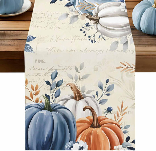 Fall Table Runner 13x70 Inches Long Blue Pumpkin Table Runners Floral Leaves Cotton Linen Autumn Harvest Dresser Scarf Kitchen Dining Table Decor for Thanksgiving Holiday Party Coffee Indoor Outdoor