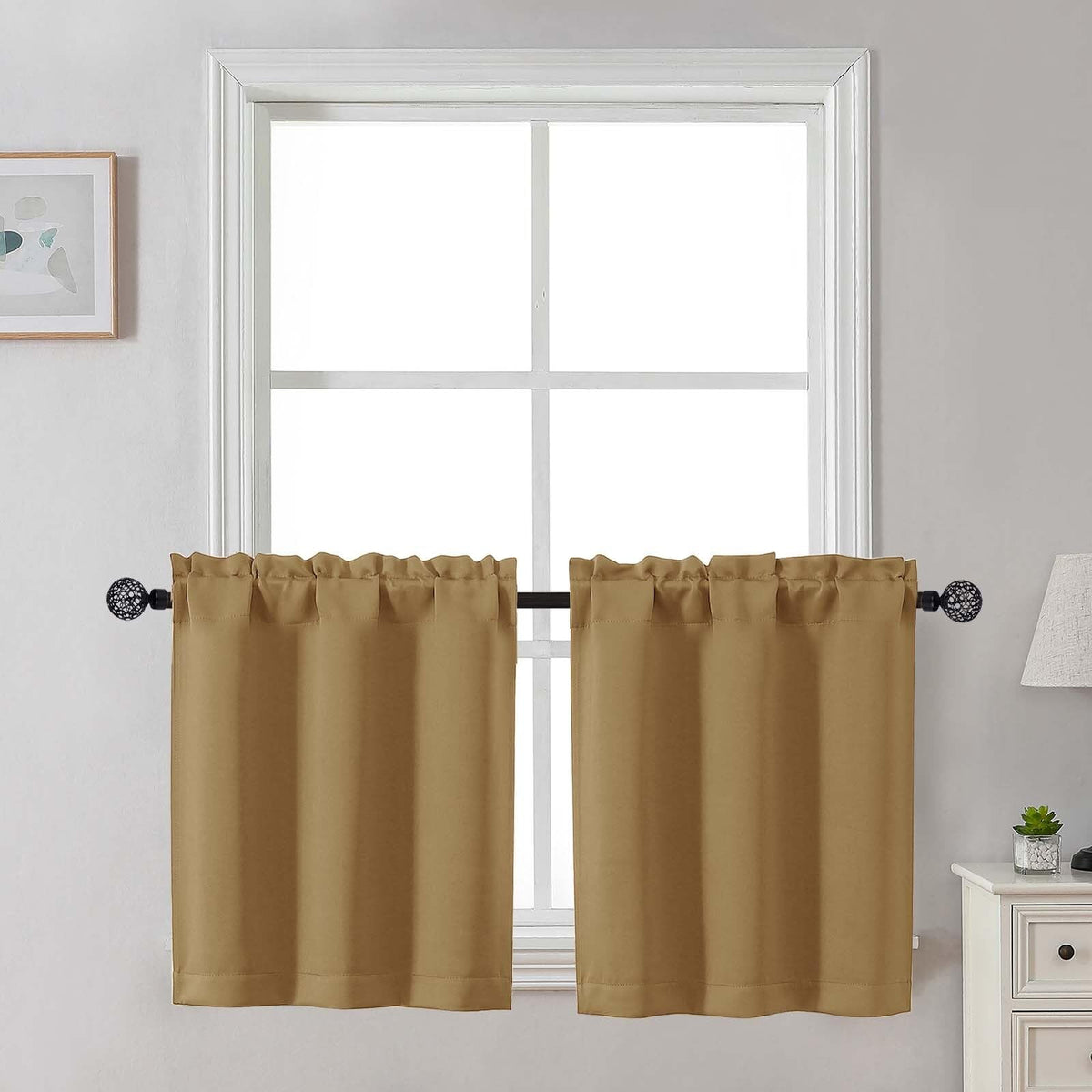 Gwine 24 Inch Long Tier Curtains for Small Window, Short Blackout Kitchen Curtains Over Sink, Half Window Drapes for Bedroom Bathroom Basement, 2 PCS, Each 30" Wx24 L, Black