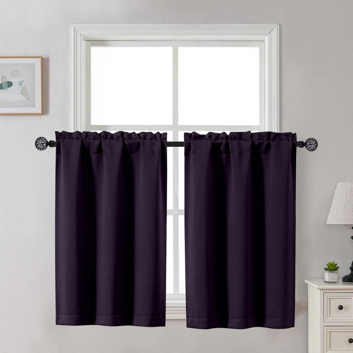 Gwine 24 Inch Long Tier Curtains for Small Window, Short Blackout Kitchen Curtains Over Sink, Half Window Drapes for Bedroom Bathroom Basement, 2 PCS, Each 30" Wx24 L, Black