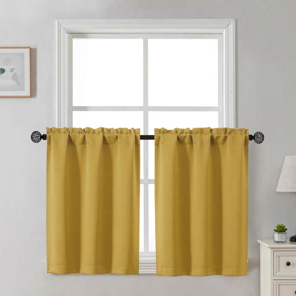 Gwine 24 Inch Long Tier Curtains for Small Window, Short Blackout Kitchen Curtains Over Sink, Half Window Drapes for Bedroom Bathroom Basement, 2 PCS, Each 30" Wx24 L, Black