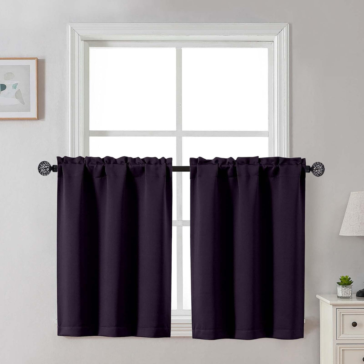 Gwine 24 Inch Long Tier Curtains for Small Window, Short Blackout Kitchen Curtains Over Sink, Half Window Drapes for Bedroom Bathroom Basement, 2 PCS, Each 30" Wx24 L, Black