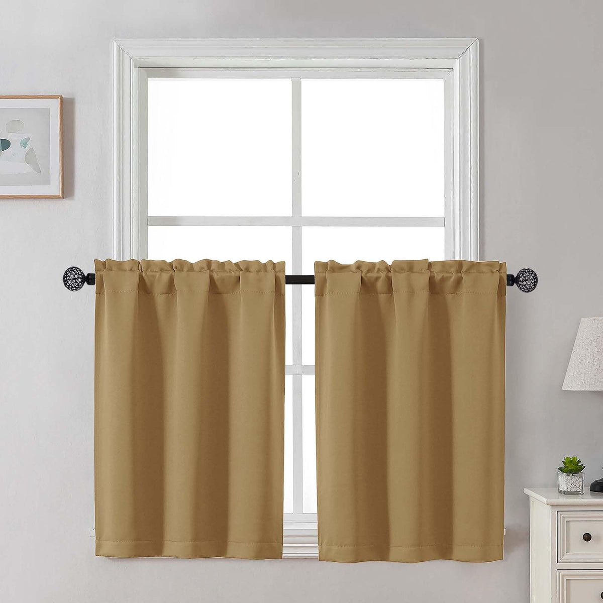Gwine 24 Inch Long Tier Curtains for Small Window, Short Blackout Kitchen Curtains Over Sink, Half Window Drapes for Bedroom Bathroom Basement, 2 PCS, Each 30" Wx24 L, Black
