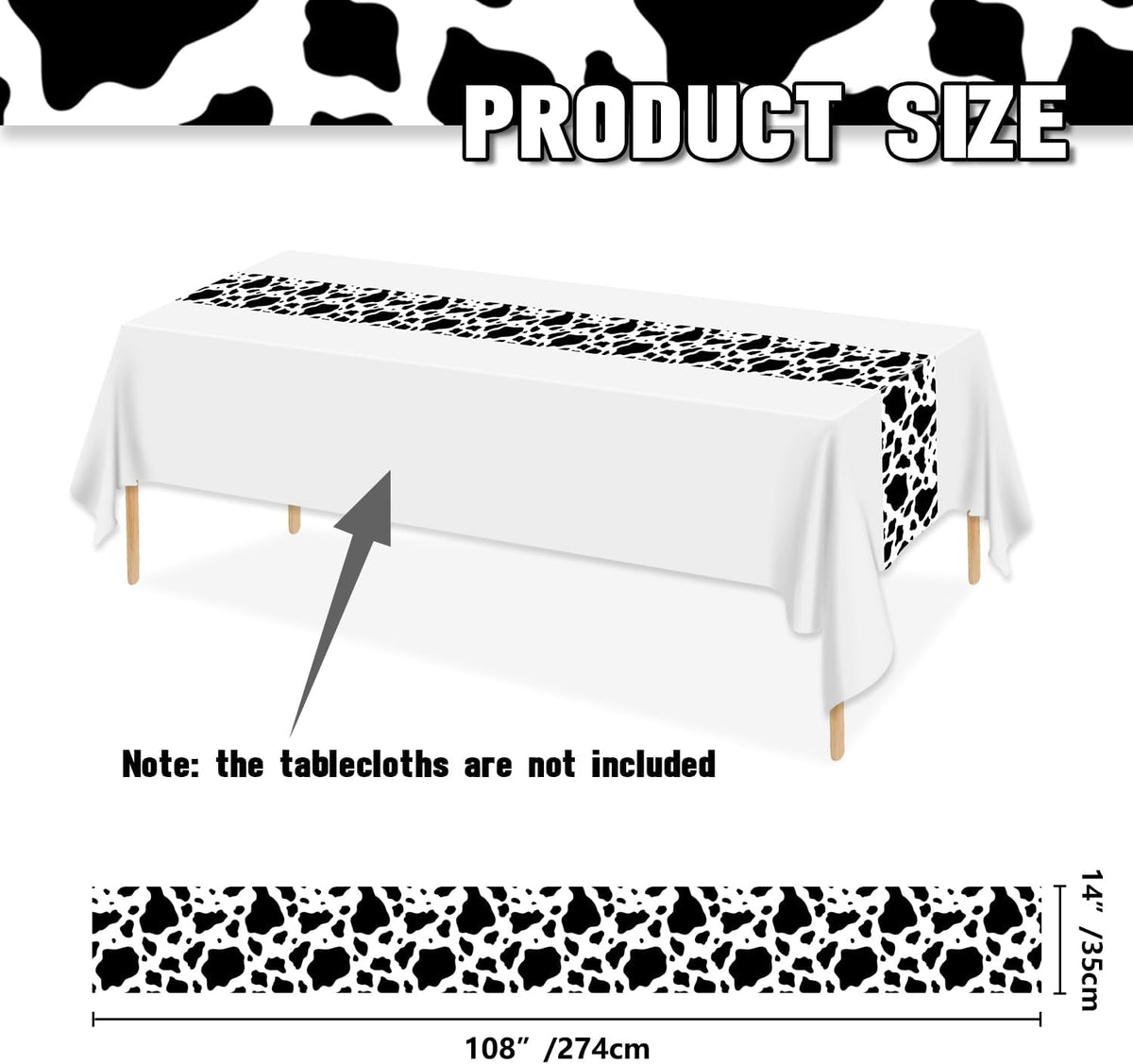 6 Pcs Cow Print Table Runner, 14 x 108 in Black and White Cow Table Runner Farm Western Tablecloth for Birthday Western Barnyard Home Kitchen Decorations