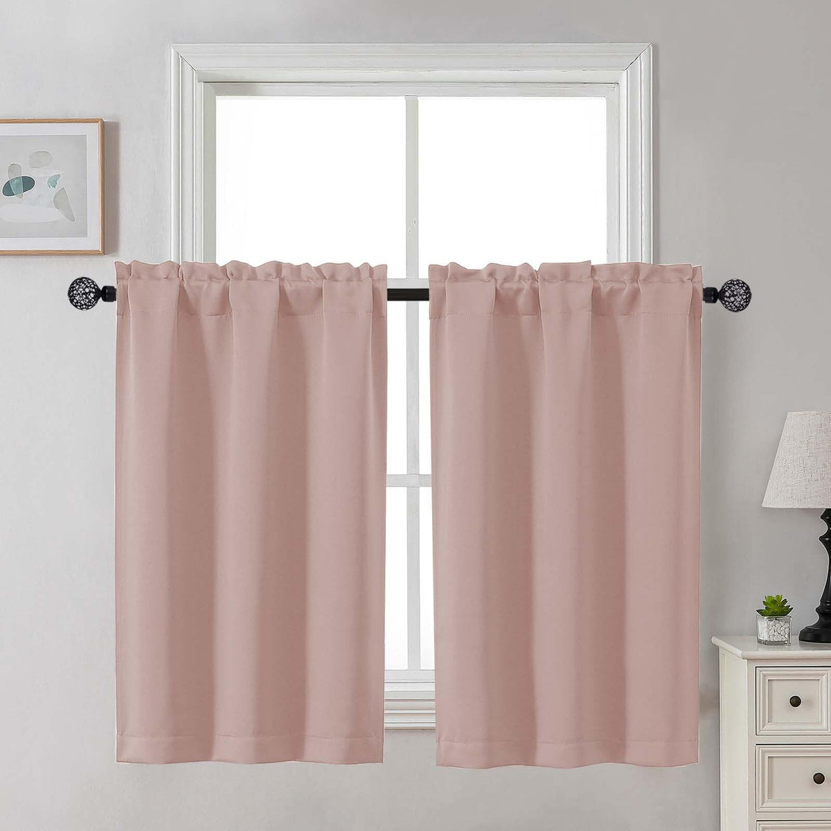 Gwine 24 Inch Long Tier Curtains for Small Window, Short Blackout Kitchen Curtains Over Sink, Half Window Drapes for Bedroom Bathroom Basement, 2 PCS, Each 30" Wx24 L, Black
