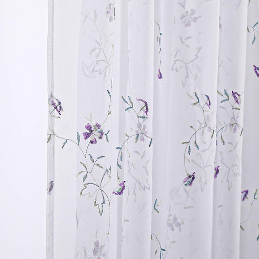 Taisier Home Purple Flower Buds Sheer Curtains for Living Room Floral Embroidery 45 inch Long Rustic Voile Window Curtain Drpaes for Bedroom Rod Pocket 2 Panels