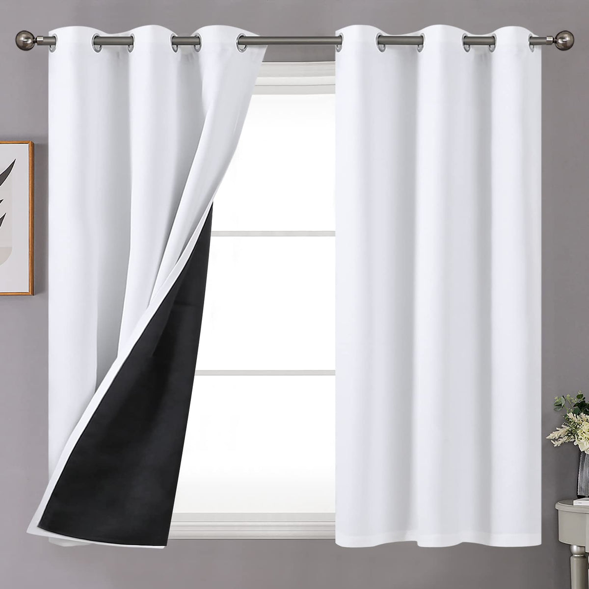 YoungsTex White Linen Blackout Curtains 63 Inch Length for Bedroom 2 Panels