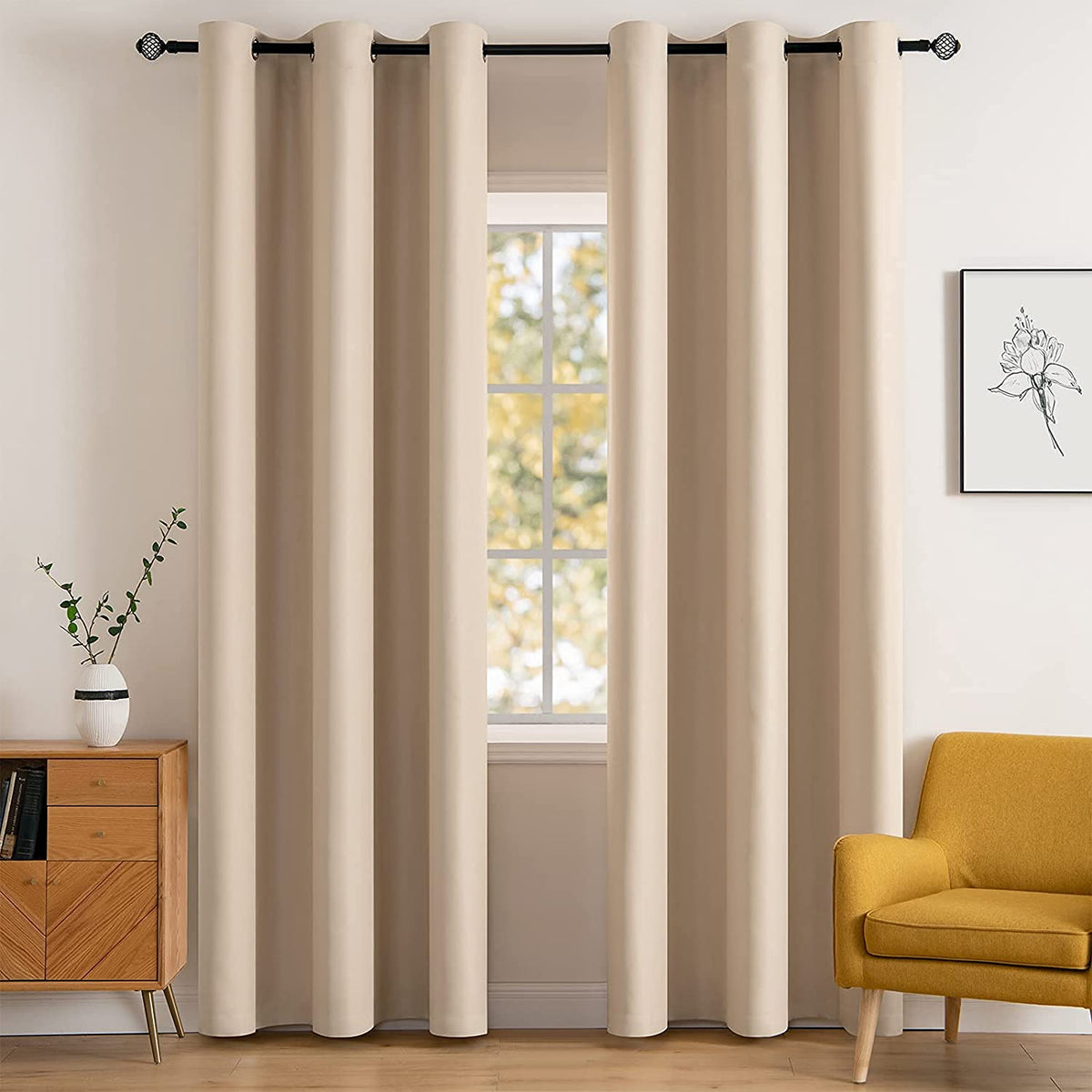 MIULEE Beige Blackout Bedroom Curtains 63 Inch Long Light Blocking
