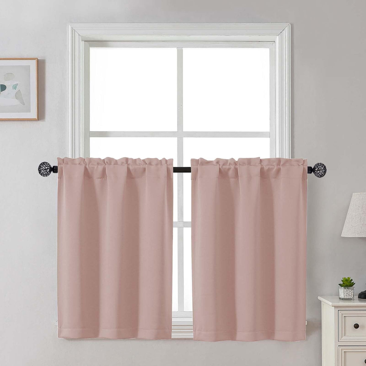 Gwine 24 Inch Long Tier Curtains for Small Window, Short Blackout Kitchen Curtains Over Sink, Half Window Drapes for Bedroom Bathroom Basement, 2 PCS, Each 30" Wx24 L, Black