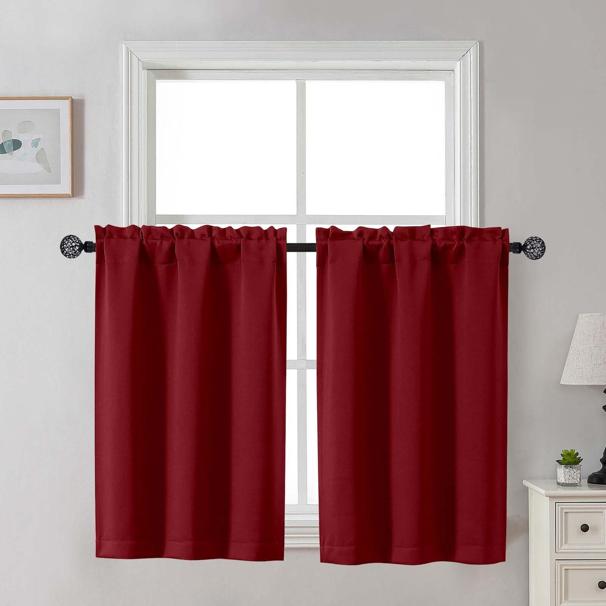 Gwine 24 Inch Long Tier Curtains for Small Window, Short Blackout Kitchen Curtains Over Sink, Half Window Drapes for Bedroom Bathroom Basement, 2 PCS, Each 30" Wx24 L, Black