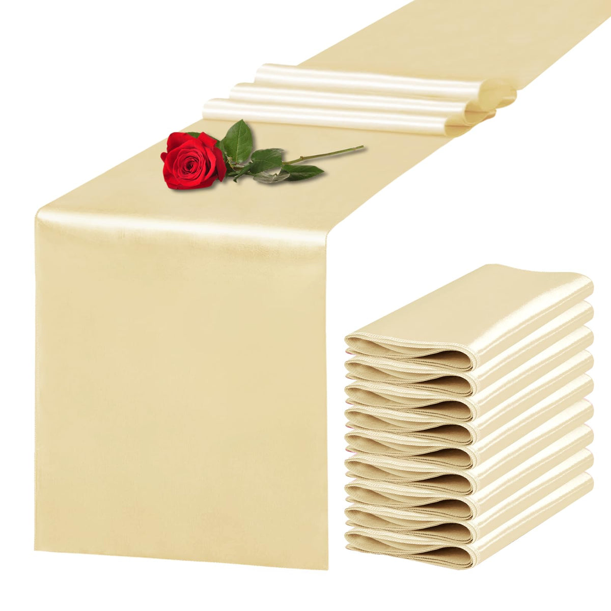 10 Pack Satin Table Runner 12 x 108 Inch Long Light Gold Silk Table Runner for Wedding Party Banquet Birthday Decoration