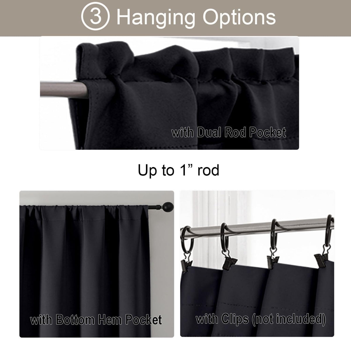Gwine 24 Inch Long Tier Curtains for Small Window, Short Blackout Kitchen Curtains Over Sink, Half Window Drapes for Bedroom Bathroom Basement, 2 PCS, Each 30" Wx24 L, Black