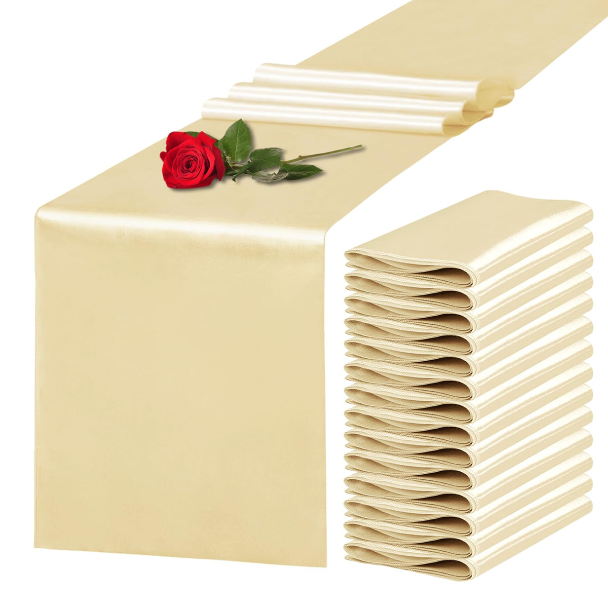 10 Pack Satin Table Runner 12 x 108 Inch Long Light Gold Silk Table Runner for Wedding Party Banquet Birthday Decoration
