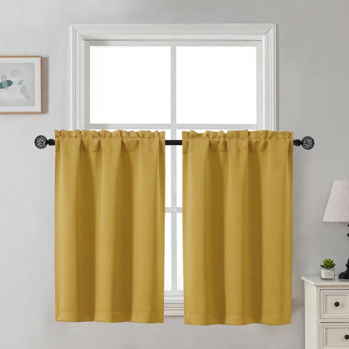 Gwine 24 Inch Long Tier Curtains for Small Window, Short Blackout Kitchen Curtains Over Sink, Half Window Drapes for Bedroom Bathroom Basement, 2 PCS, Each 30" Wx24 L, Black