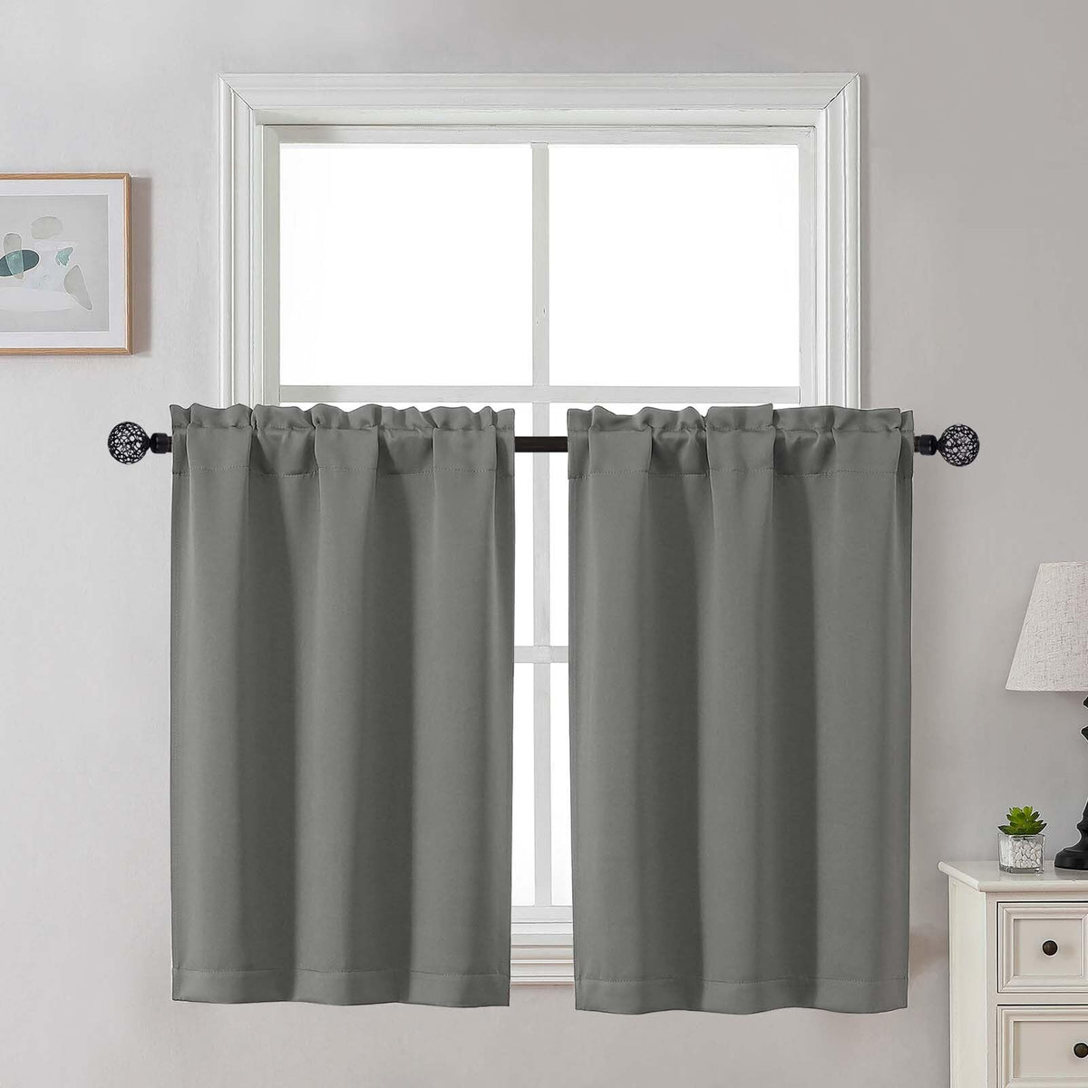 Gwine 24 Inch Long Tier Curtains for Small Window, Short Blackout Kitchen Curtains Over Sink, Half Window Drapes for Bedroom Bathroom Basement, 2 PCS, Each 30" Wx24 L, Black