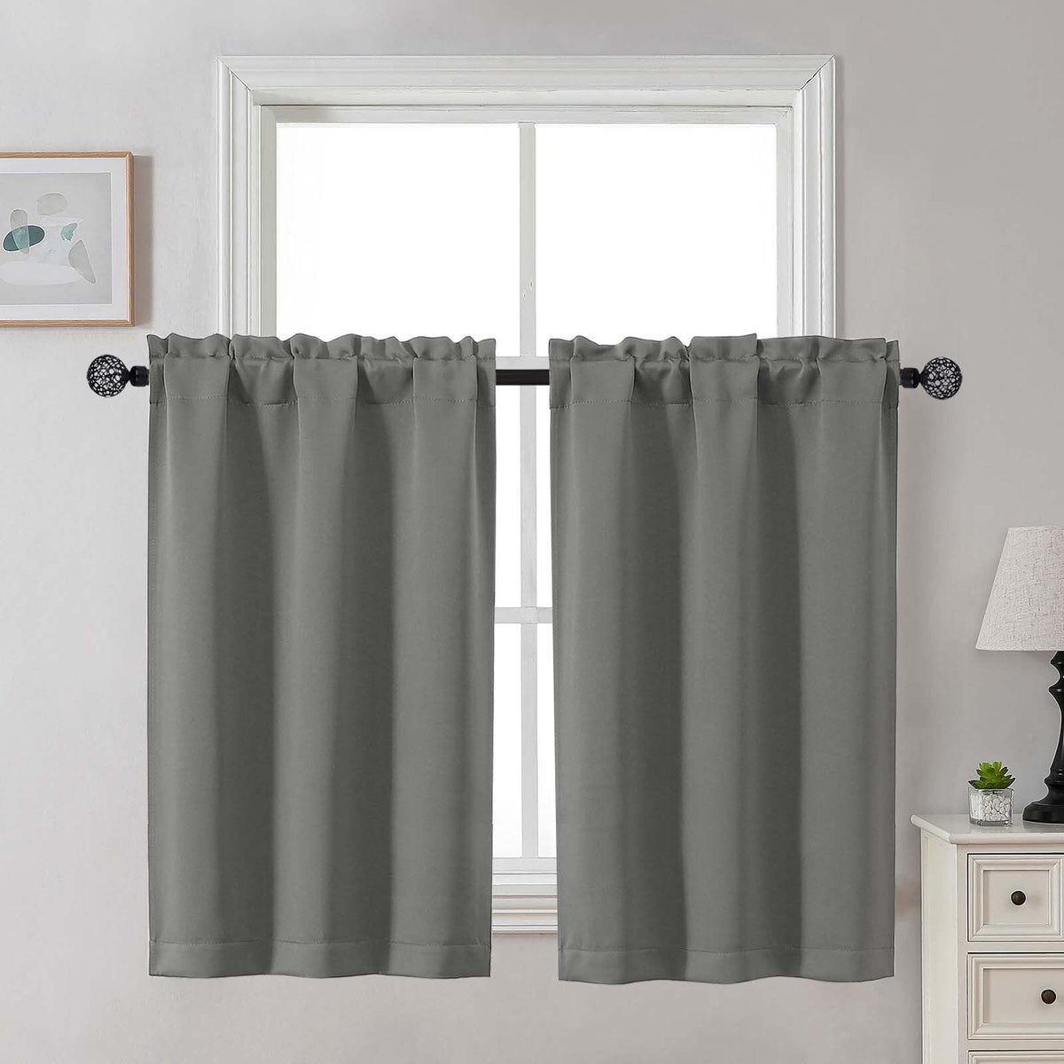 Gwine 24 Inch Long Tier Curtains for Small Window, Short Blackout Kitchen Curtains Over Sink, Half Window Drapes for Bedroom Bathroom Basement, 2 PCS, Each 30" Wx24 L, Black