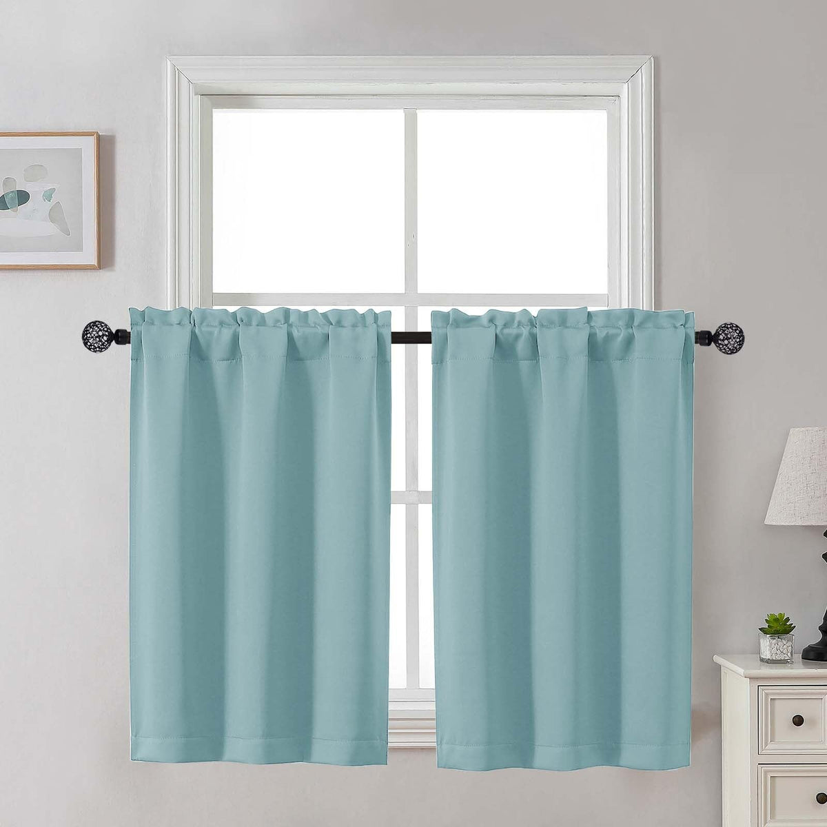 Gwine 24 Inch Long Tier Curtains for Small Window, Short Blackout Kitchen Curtains Over Sink, Half Window Drapes for Bedroom Bathroom Basement, 2 PCS, Each 30" Wx24 L, Black
