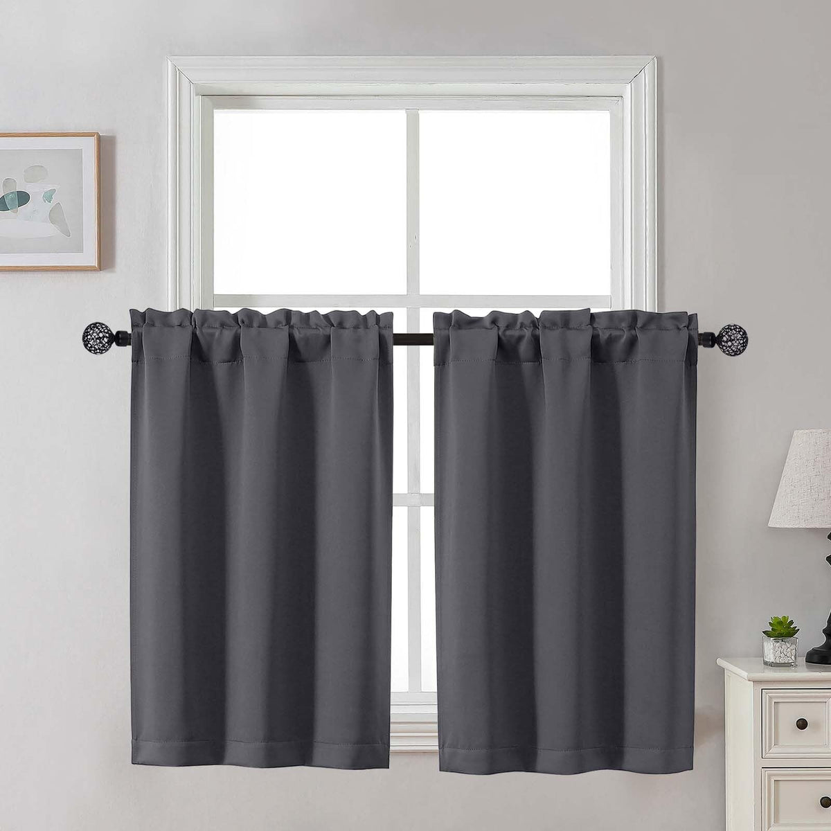 Gwine 24 Inch Long Tier Curtains for Small Window, Short Blackout Kitchen Curtains Over Sink, Half Window Drapes for Bedroom Bathroom Basement, 2 PCS, Each 30" Wx24 L, Black