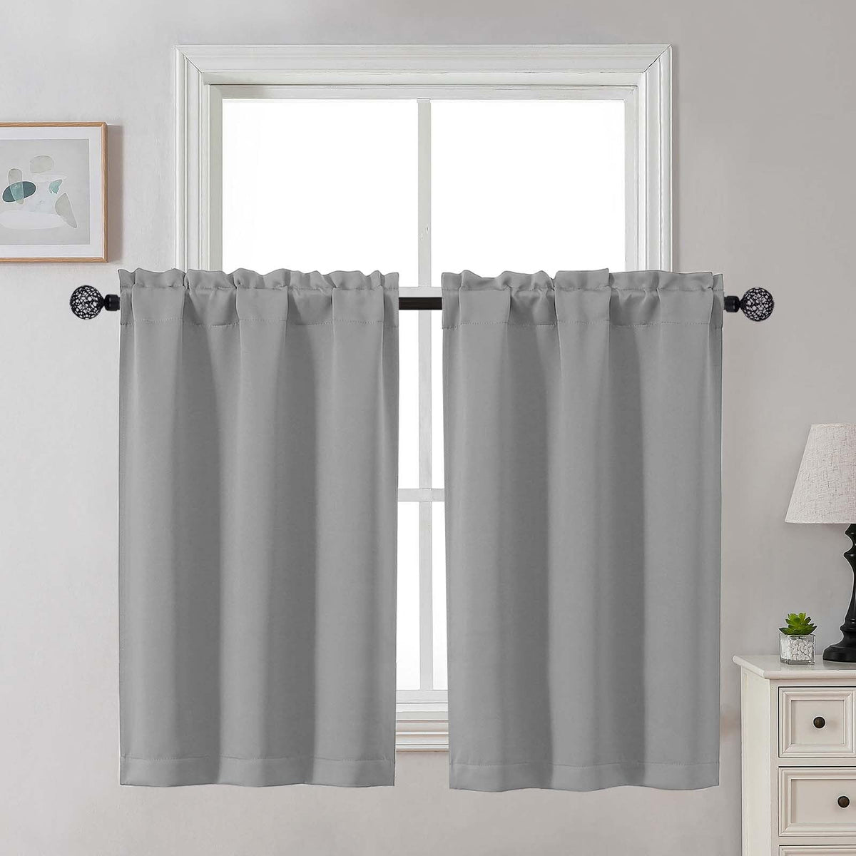 Gwine 24 Inch Long Tier Curtains for Small Window, Short Blackout Kitchen Curtains Over Sink, Half Window Drapes for Bedroom Bathroom Basement, 2 PCS, Each 30" Wx24 L, Black