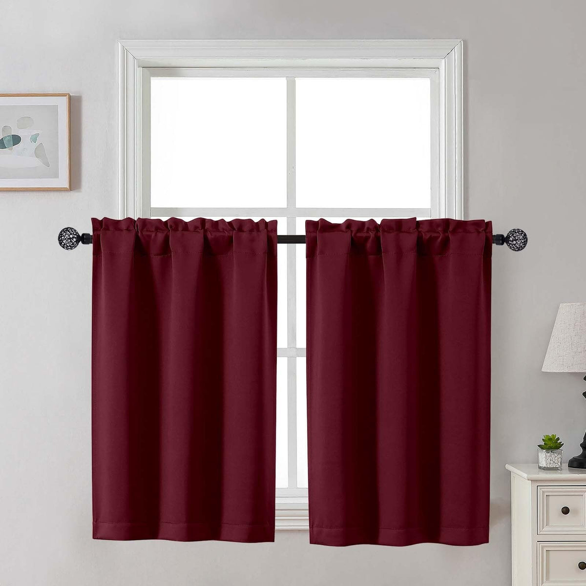 Gwine 24 Inch Long Tier Curtains for Small Window, Short Blackout Kitchen Curtains Over Sink, Half Window Drapes for Bedroom Bathroom Basement, 2 PCS, Each 30" Wx24 L, Black