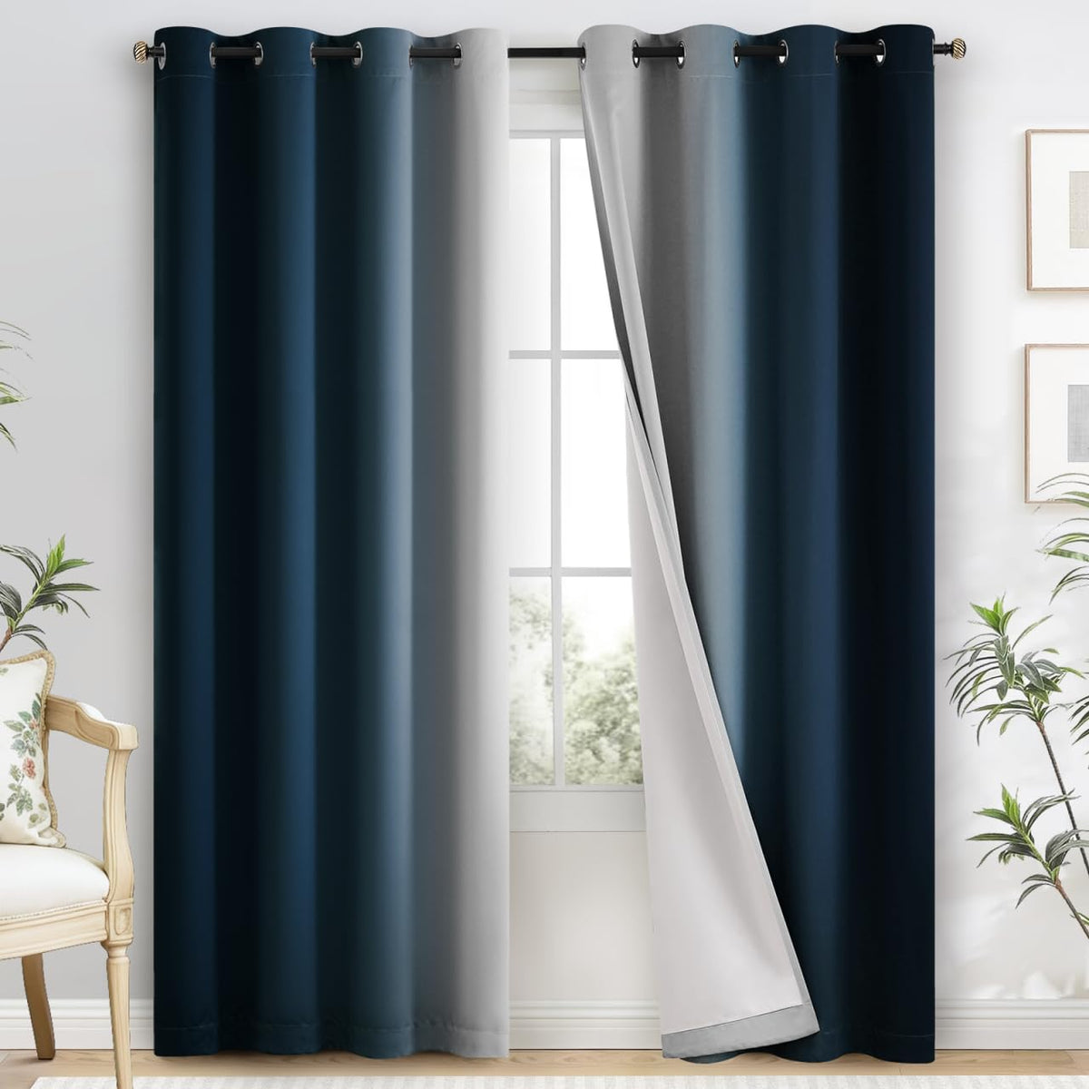 Yakamok Ombre Curtains Blue and Greyish White for Living Room,52Wx84L