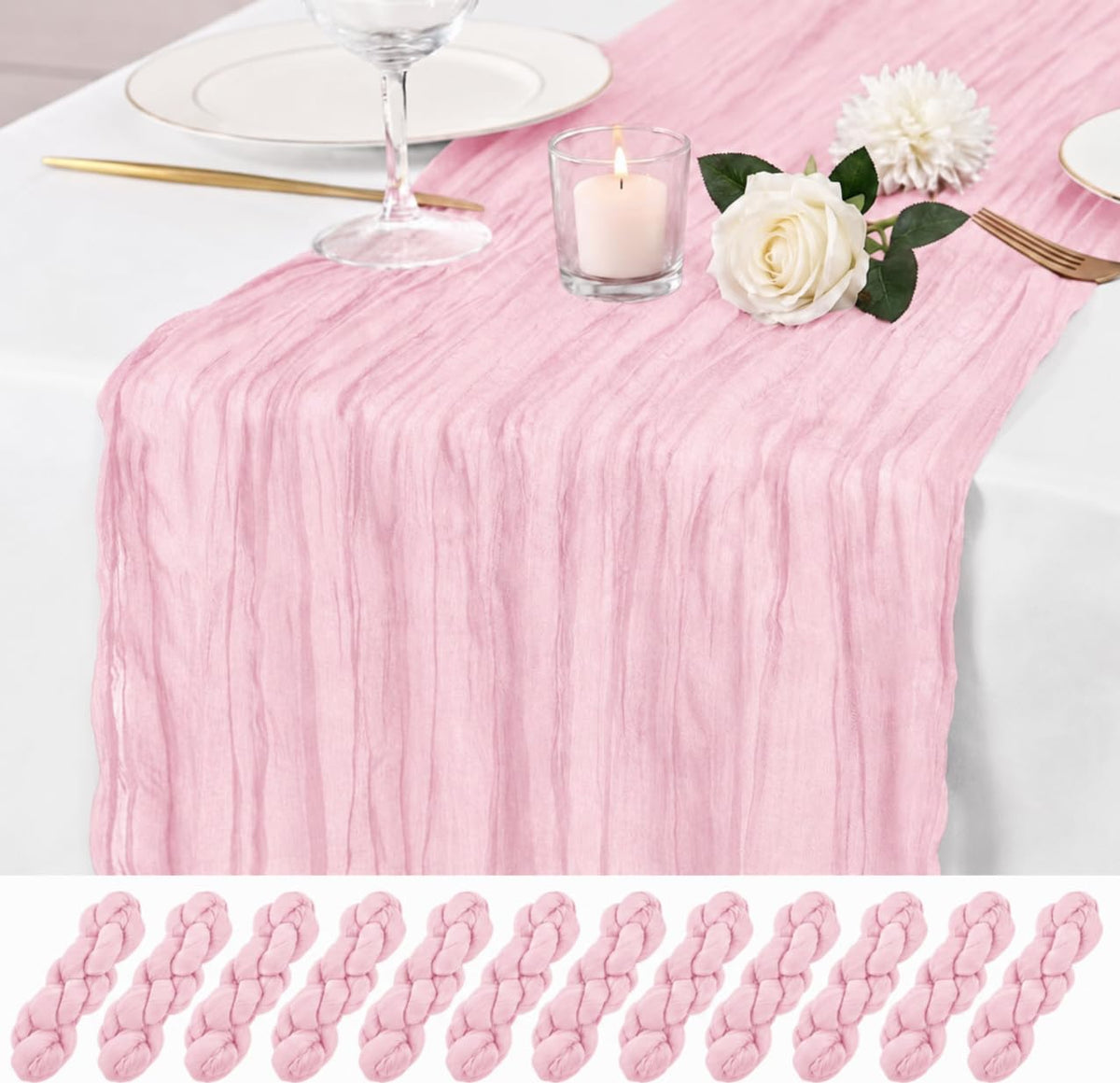 12 Pack Dusty Rose Cheesecloth Table Runner 17x108 Inch Boho Rustic Semi Sheer Gauze Cheese Cloth Table Runner for Wedding Bridal Shower Baby Shower Party Farmhouse Dining Table Decor
