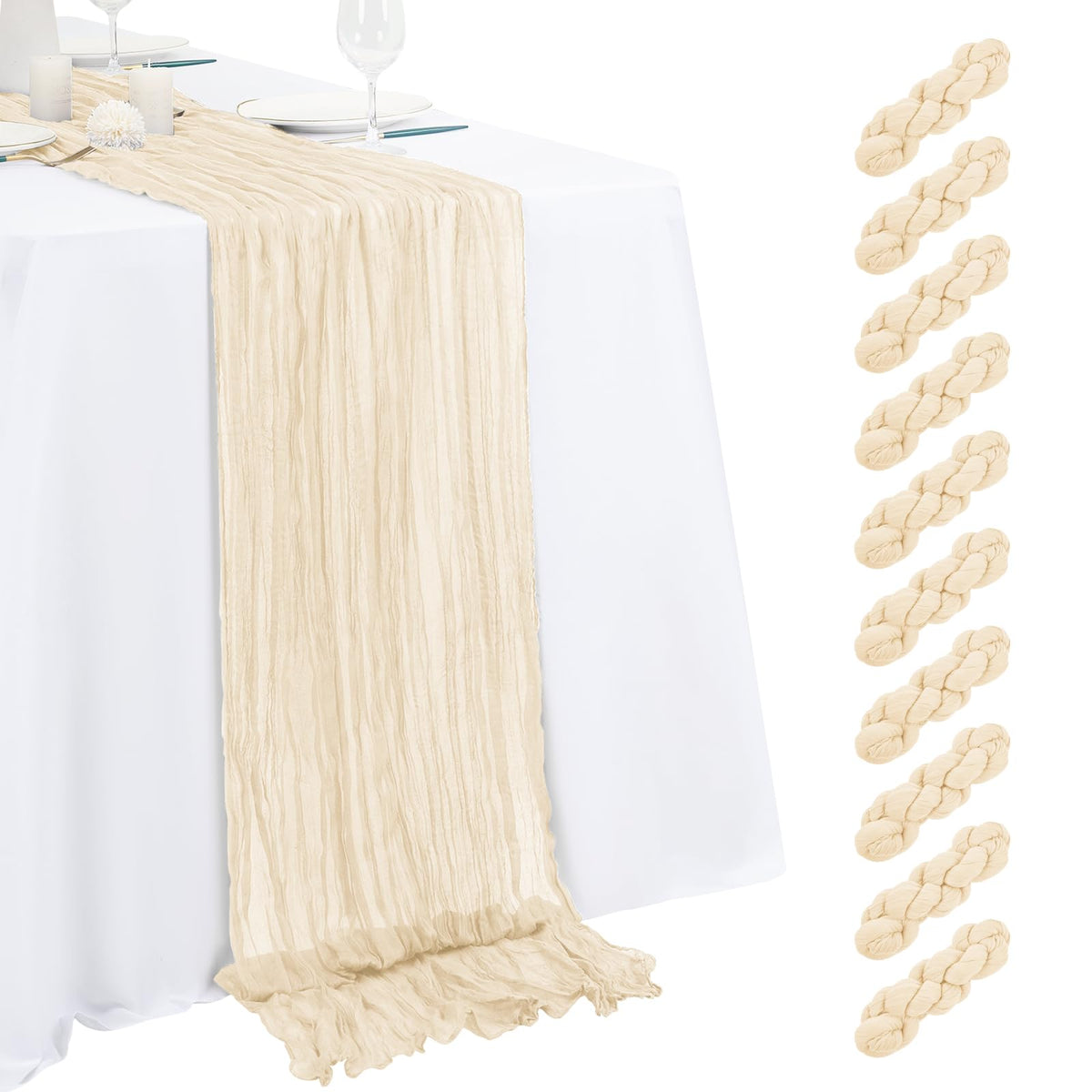 10 Pack Beige Cheesecloth Table Runner 17x108 Inch Semi Sheer Boho Gauze Cheese Cloth Table Runners, for Wedding Bridal Shower Birthday Party Home Decor Garden Farmhouse