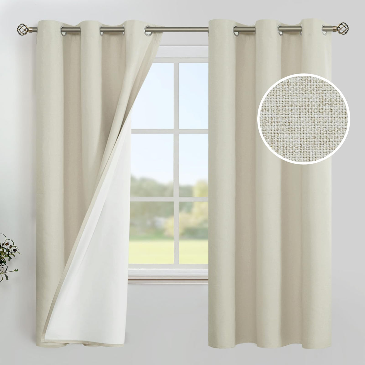 YoungsTex White Linen Blackout Curtains 63 Inch Length for Bedroom 2 Panels