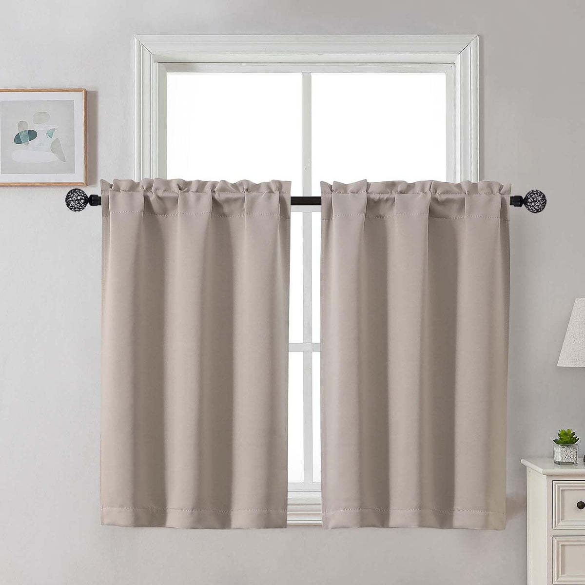 Gwine 24 Inch Long Tier Curtains for Small Window, Short Blackout Kitchen Curtains Over Sink, Half Window Drapes for Bedroom Bathroom Basement, 2 PCS, Each 30" Wx24 L, Black