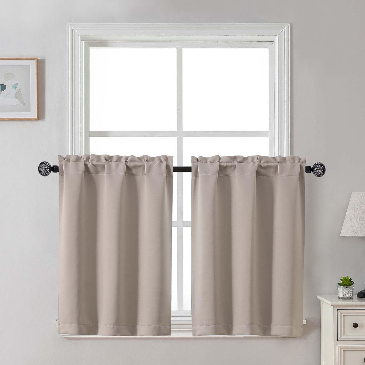 Gwine 24 Inch Long Tier Curtains for Small Window, Short Blackout Kitchen Curtains Over Sink, Half Window Drapes for Bedroom Bathroom Basement, 2 PCS, Each 30" Wx24 L, Black