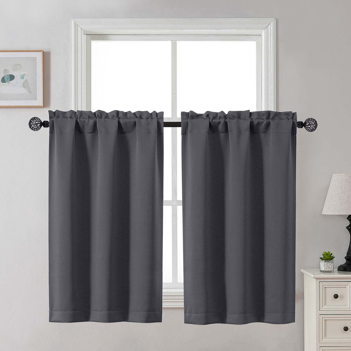 Gwine 24 Inch Long Tier Curtains for Small Window, Short Blackout Kitchen Curtains Over Sink, Half Window Drapes for Bedroom Bathroom Basement, 2 PCS, Each 30" Wx24 L, Black