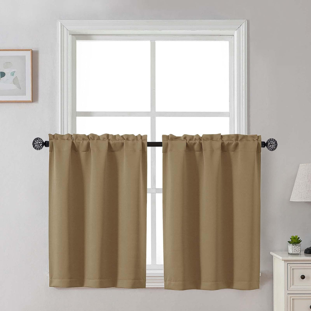Gwine 24 Inch Long Tier Curtains for Small Window, Short Blackout Kitchen Curtains Over Sink, Half Window Drapes for Bedroom Bathroom Basement, 2 PCS, Each 30" Wx24 L, Black