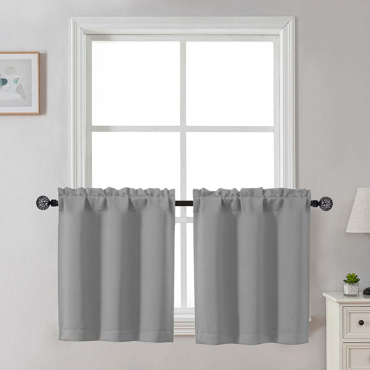 Gwine 24 Inch Long Tier Curtains for Small Window, Short Blackout Kitchen Curtains Over Sink, Half Window Drapes for Bedroom Bathroom Basement, 2 PCS, Each 30" Wx24 L, Black