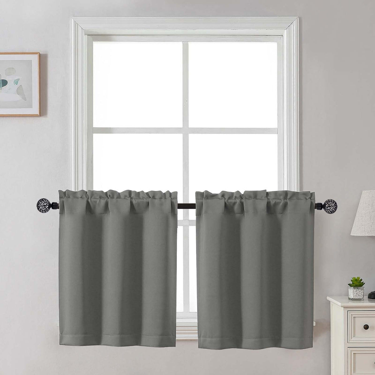 Gwine 24 Inch Long Tier Curtains for Small Window, Short Blackout Kitchen Curtains Over Sink, Half Window Drapes for Bedroom Bathroom Basement, 2 PCS, Each 30" Wx24 L, Black