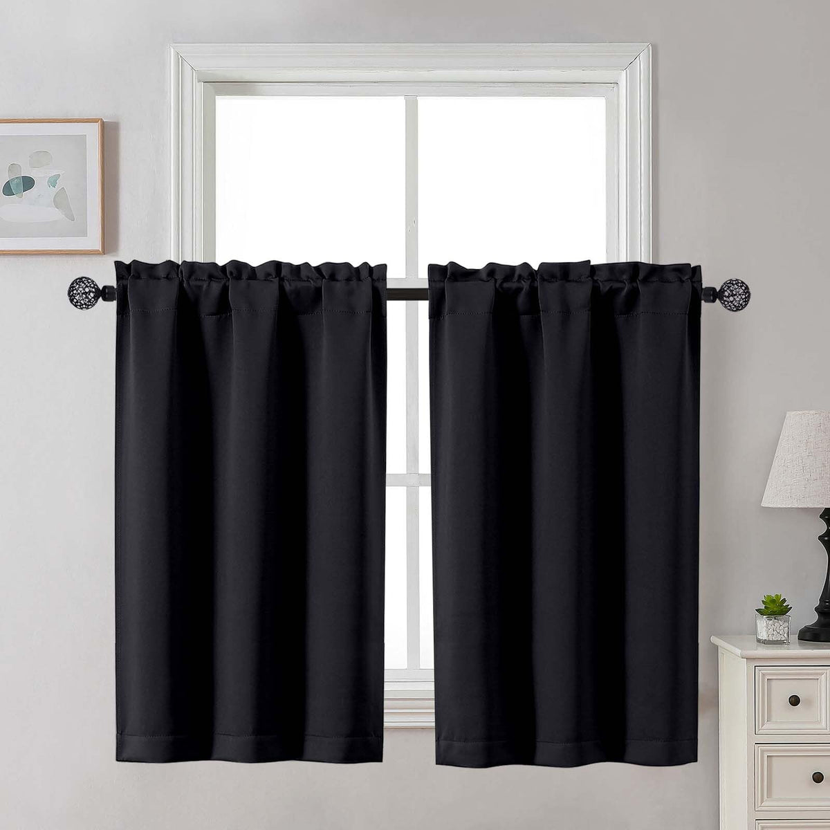 Gwine 24 Inch Long Tier Curtains for Small Window, Short Blackout Kitchen Curtains Over Sink, Half Window Drapes for Bedroom Bathroom Basement, 2 PCS, Each 30" Wx24 L, Black