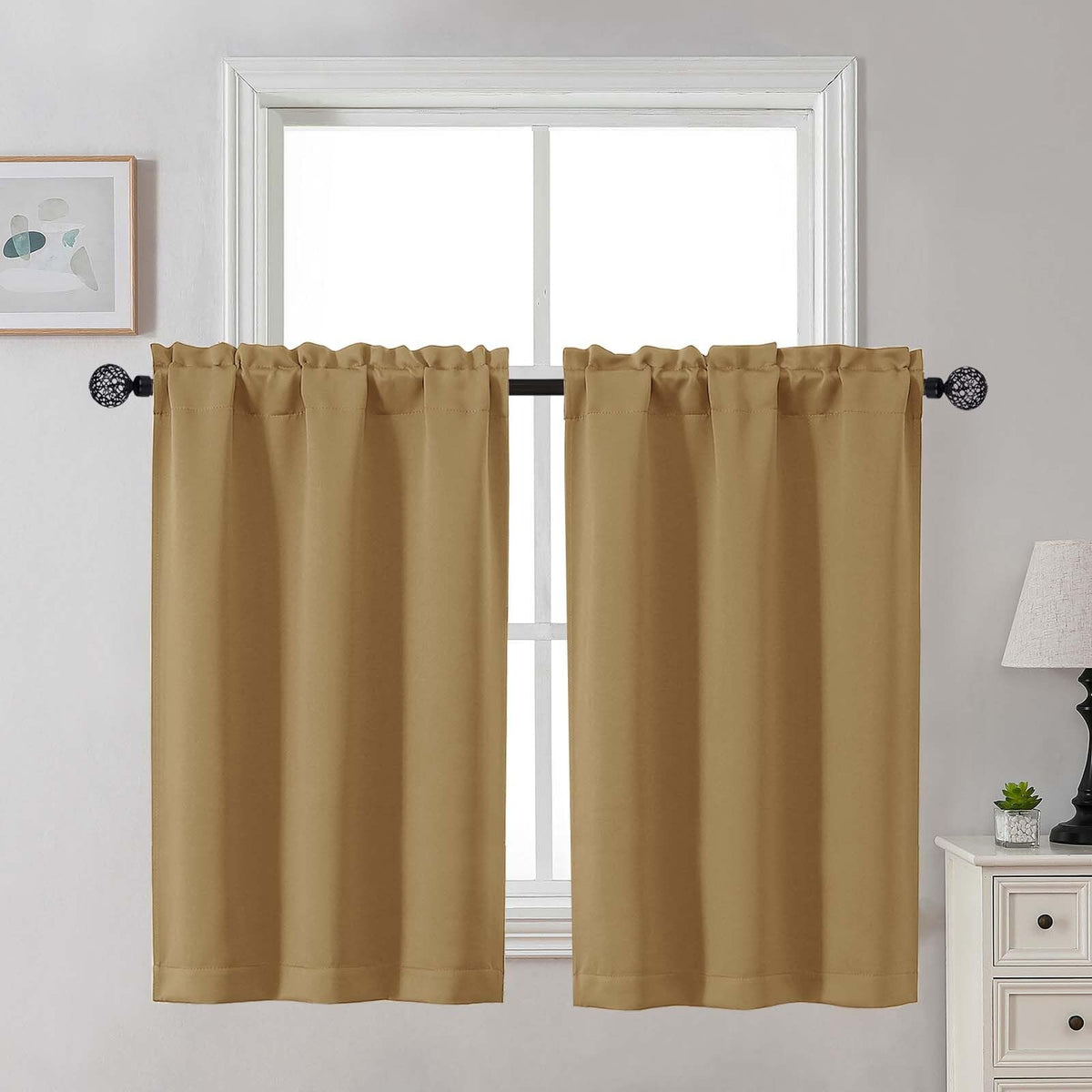 Gwine 24 Inch Long Tier Curtains for Small Window, Short Blackout Kitchen Curtains Over Sink, Half Window Drapes for Bedroom Bathroom Basement, 2 PCS, Each 30" Wx24 L, Black