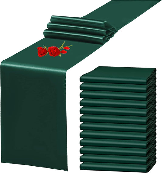12 Pack Emerald Green Satin Table Runner 12 x 108 Inch Long Premium Table Runners for Wedding Party Events Decoration, Birthday Parties, Banquets Decorations, Graduations, Engagements