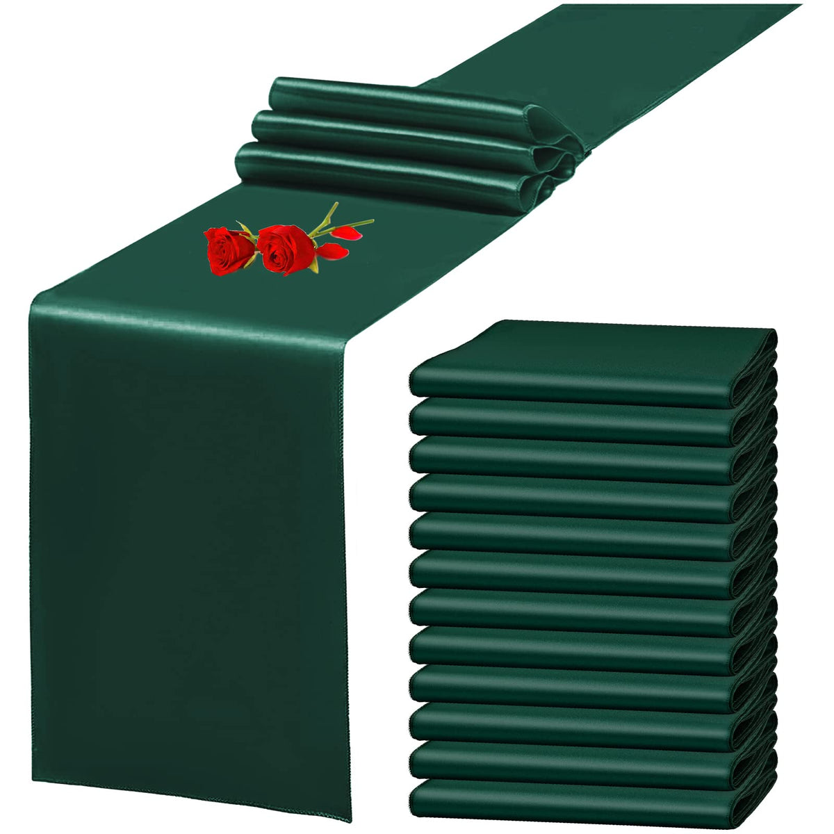 12 Pack Emerald Green Satin Table Runner 12 x 108 Inch Long Premium Table Runners for Wedding Party Events Decoration, Birthday Parties, Banquets Decorations, Graduations, Engagements