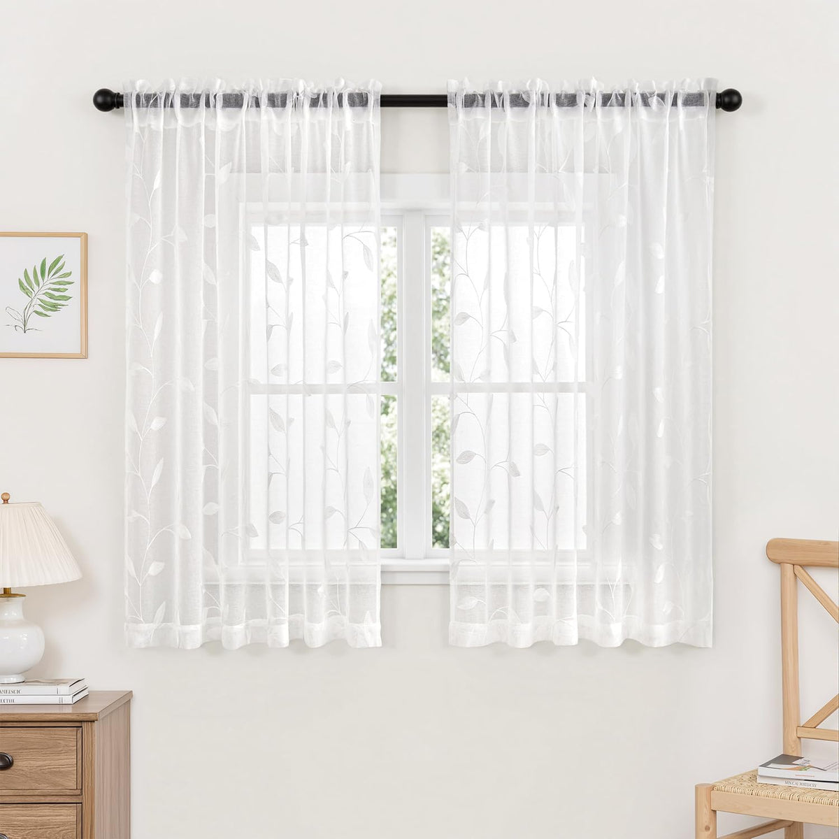 MIULEE Sage Green Sheer Curtains 2 Panels Leaf Patterned, W52 x L84