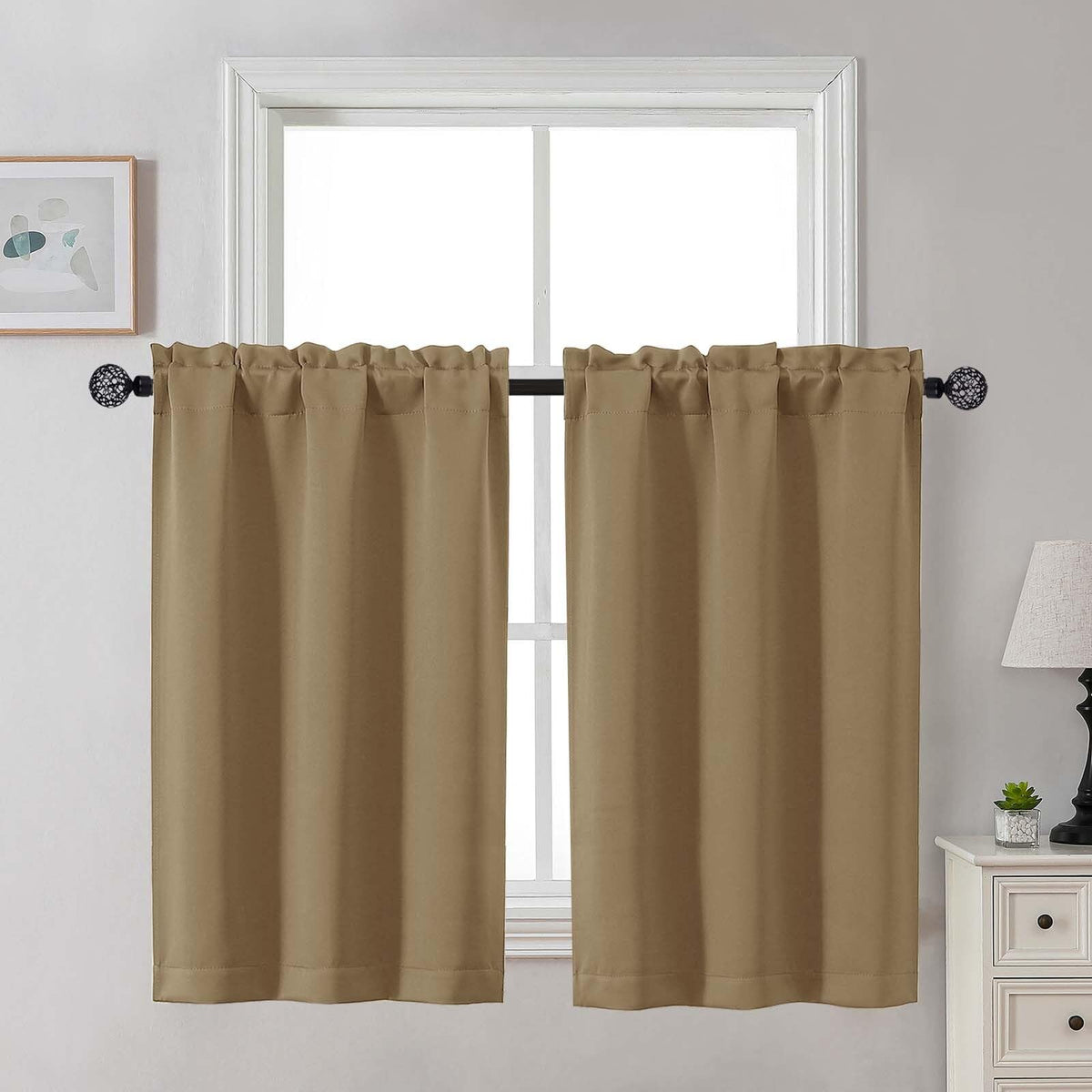 Gwine 24 Inch Long Tier Curtains for Small Window, Short Blackout Kitchen Curtains Over Sink, Half Window Drapes for Bedroom Bathroom Basement, 2 PCS, Each 30" Wx24 L, Black