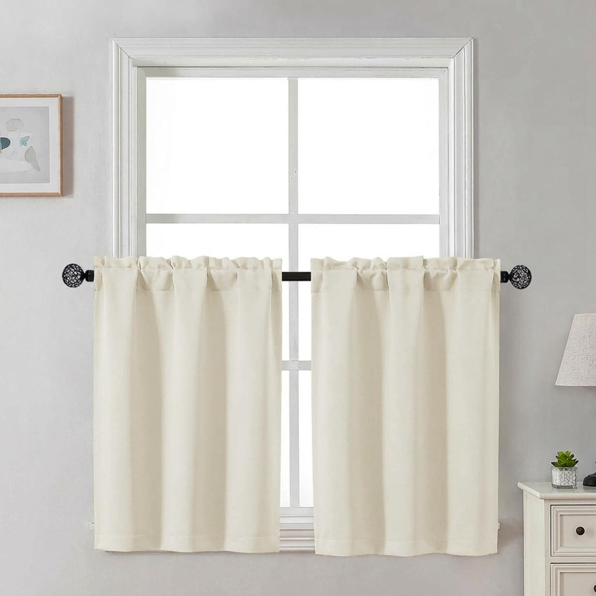 Gwine 24 Inch Long Tier Curtains for Small Window, Short Blackout Kitchen Curtains Over Sink, Half Window Drapes for Bedroom Bathroom Basement, 2 PCS, Each 30" Wx24 L, Black