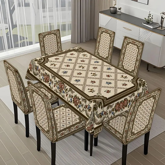 5/7-piece 2D Flat Printing Brown and White Diamond Flower Carpet Printing Pattern Tablecloth and Chair Cover Set, for dining table and chair decoration, perfect for home, holiday gatherings, restaurants, and parties, Chair Covers Set