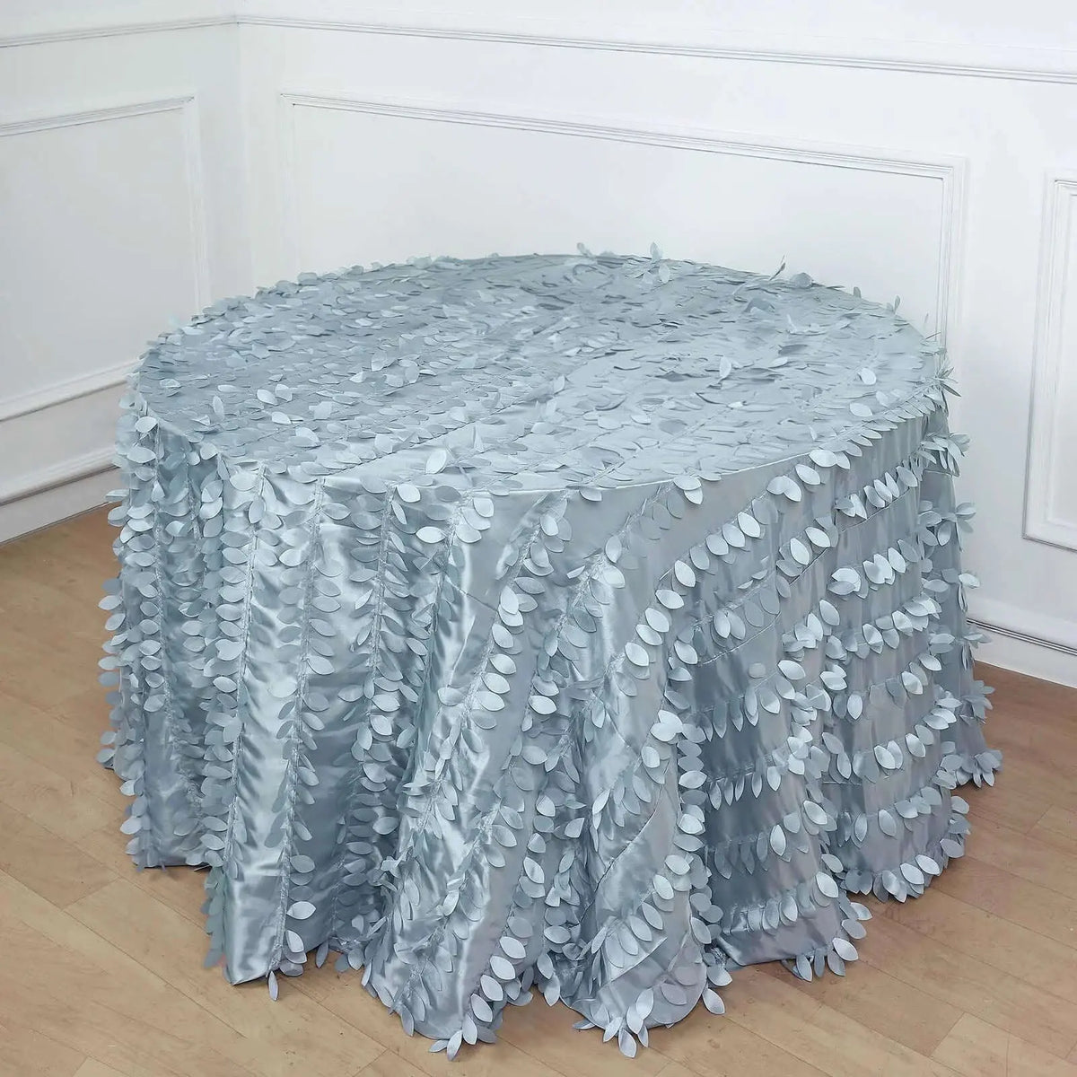 120" Round Dusty Blue Taffeta Tablecloth - 3D Leaf Petal Seamless Design, Non-Customized Machine Washable Table Cover for Event, Celebration Decorations, Art Deco All Seasons Use