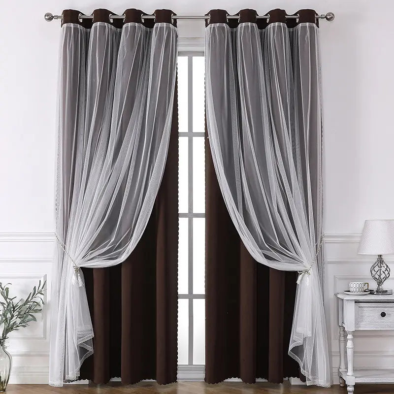 French Romantic Two-Layer Cloth Light-Blocking Finished Curtain, Fashionable Grommet Drapery for Living Room, Stylish and Trendy Window Covering, Window Drapes, Interior Decoration Accessories, Home Decorative Curtain