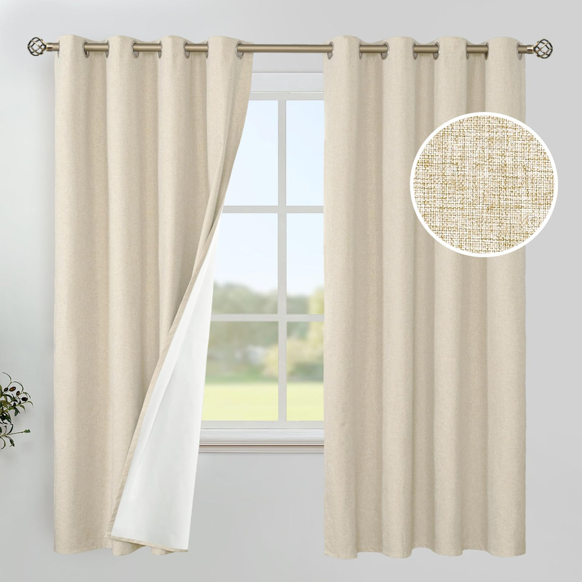 YoungsTex White Linen Blackout Curtains 63 Inch Length for Bedroom 2 Panels