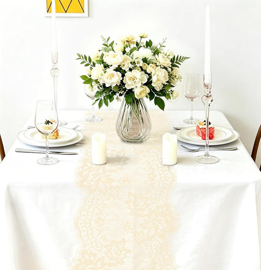HEIPINIUYE 1 Pcs Ivory Lace Table Runner 10 x 120 Inch Ivory Embroidered Floral Boho Lace Runners for Tables Wedding Bridal Shower Party Decorations Vintage Rustic Farmhouse Table Runner