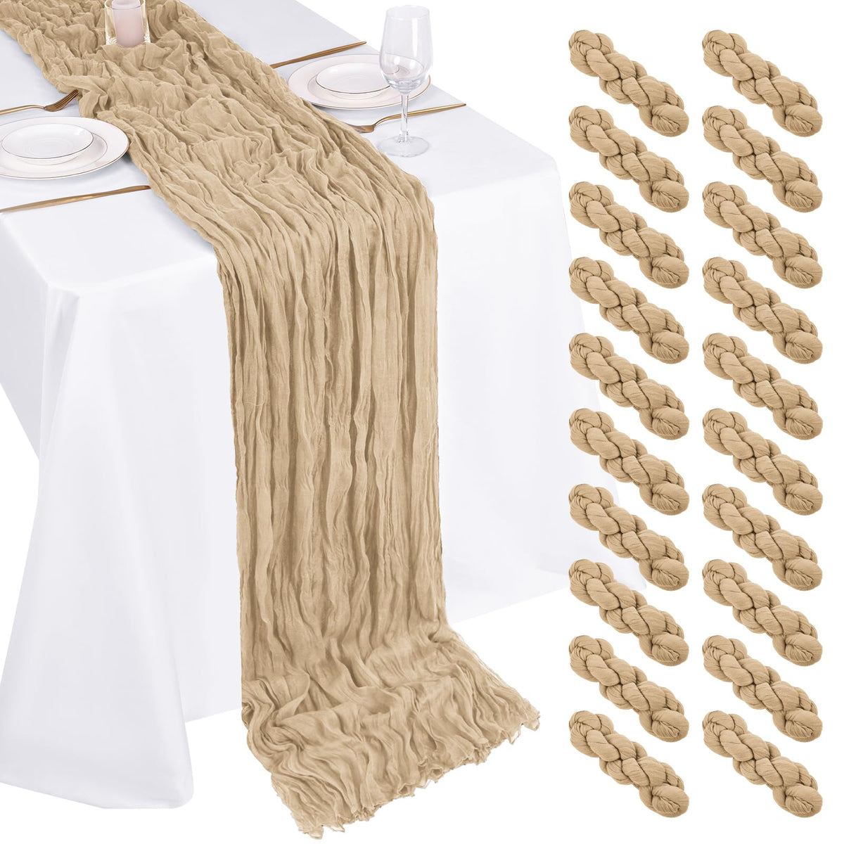 10 Pack Beige Cheesecloth Table Runner 17x108 Inch Semi Sheer Boho Gauze Cheese Cloth Table Runners, for Wedding Bridal Shower Birthday Party Home Decor Garden Farmhouse
