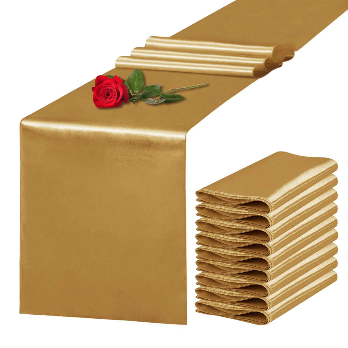 10 Pack Satin Table Runner 12 x 108 Inch Long Light Gold Silk Table Runner for Wedding Party Banquet Birthday Decoration